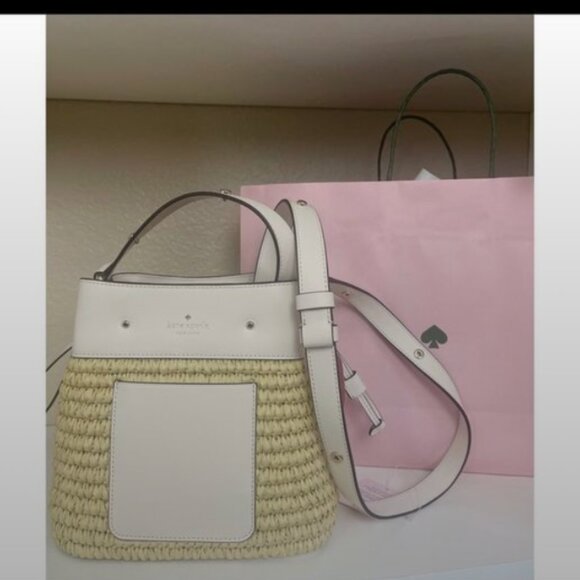 Kate Spade Marti Straw Mixed Media Small Bucket Bag Parchment Multi - Picture 6 of 14